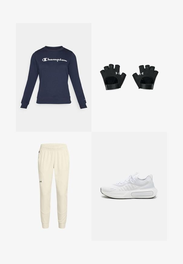 Navy zils treniņtērps, kas izgatavots no kokvilnas maisījuma, ar garām piedurknēm, apaļu kakla izgriezumu un baltu "Champion" logo centrā uz krūtīm.; Gaiši bežs sporta bikses ar elastīgu jostu, sašaurinātiem svārkiem, sānu kabatām un smalkām šuvju detaļām. Izskatā ir melna emblēma.; Balti sporta apavi ar teksturētu adītu augšdaļu, saites slēgšanu, mīkstu zoli un izteiksmīgu zīmola detaļu sānos.; Melnas, bezpirkstu treniņu cimdus ar regulējamu plaukstas siksnu. Iezīmēta teksturēta saķere un izteiksmīgs logo aizmugurē. Izturīgs materiāls.