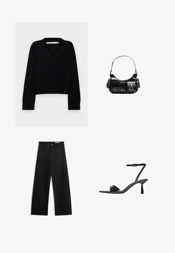 Črn, skrajšan pulover z V-izrezom in dolgimi rokavi. Izdelan iz mehke tkanine z teksturirano površino. Minimalističen dizajn, brez vidne opreme.; Črne široke denim hlače z visokim pasom, ki imajo sprednje in zadnje žepe, šivane šive ter gumbasto zapiranje. Gladka tekstura.; Bershka Sandali z visoko peto - black; Črna lakasta usnjena torbica s ukrivljeno obliko, enim ramenskim trakom, sprednjimi žepi in srebrnimi kovinskimi dodatki.