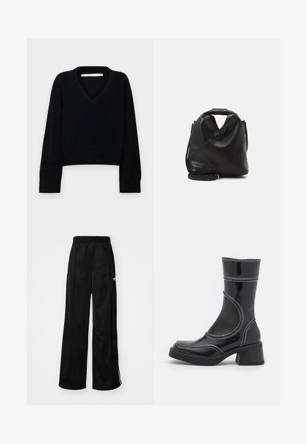 Fekete, rövidített pulóver V-nyakkal és hosszú ujjal. Puha anyagból készült, textúrált felülettel. Minimalista dizájn, látható fémalkatrészek nélkül.; Fekete, bő szárú tréningnadrág, elasztikus derékkal, fehér oldalsávokkal és egy kis logóval a bal csípőn. Sima anyag textúrával.; Fekete lakkbőr bokacsizma fehér varrással, kerek orral és blokk sarkal. Görbült formai vonalakkal és sima textúrával rendelkezik.; Fekete, puha bőr táska egyedi csavaros dizájnnal. Rövid fogantyúval és levehető vállpánttal rendelkezik. Minimalista stílusú.