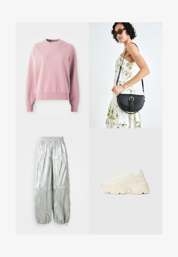 Gaišs rozā kreklu džemperis ar raglanu piedurknēm, ribota apkakle un apakša, izgatavots no mīksta auduma. Sānos ir neliela logo etiķete.; Sudiržie cargo bikses sudabīgā pelēkā krāsā ar spīguļojošu tekstūru, elastīgu jostasvietu, savāktiem piedurkņu galiem un divām lielām priekšējām kabatām.; Masīvi balti sportisti, kas izgatavoti no strukturēta sieta un sintētiskajiem materiāliem, ar biezu zoli un sarežģītām rakstu detaļām gar sāniem.; Melnas ādas rokassoma ar izliekta formu, noņemamu siksnu un zelta aksesuāriem. Somai ir vāciņš ar sprādzes detaļu.