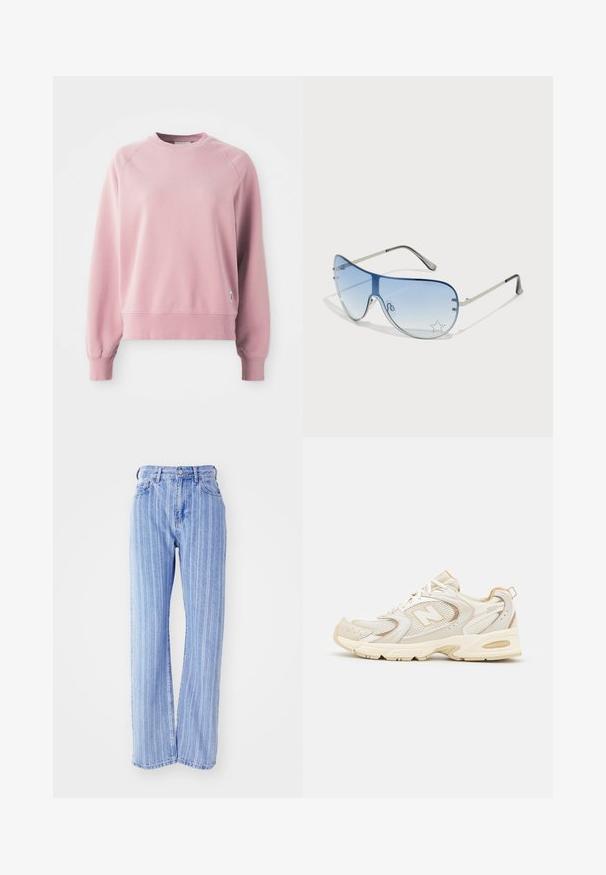 Sudadera de cuello redondo en color rosa claro, con mangas raglán, puños y dobladillo acanalados, fabricada con una tela suave. Presenta una pequeña etiqueta con el logo en el costado.; Vaqueros de denim azul claro con rayas blancas verticales, cintura alta, corte holgado, cinco bolsillos y cierre de botón.; Zapatillas deportivas beige con superposiciones de malla y sintéticas, presentando una superficie texturizada, un collar acolchado y amortiguación "ABZORB" en el talón.; Gafas de sol tipo aviador con lentes azul degradado, montura de metal plateado y acentos decorativos de estrellas en los lentes. Diseño suave y elegante.