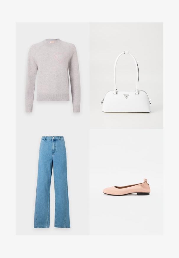 Light grey sweater with a round neck, ribbed cuffs and hem, featuring a pink heart outline on the left chest area. Soft texture.; Light blue wide-leg jeans featuring a high waist, five-pocket design, and metal button closure. Constructed from denim fabric with a smooth texture.; Pale pink ballet flats made of smooth material with a rounded toe, a flexible back, and a small black heel.; White leather handbag with a curved shape, featuring a silver triangular logo and zipper closure. Smooth texture and dual handles.