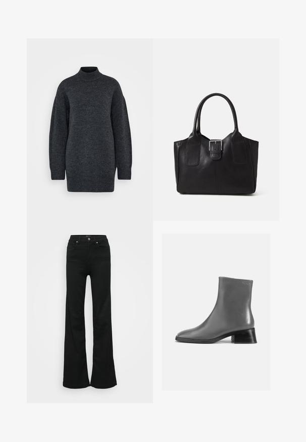Vero Moda Tall VMIRIS HIGHNECK - Strickpullover - dark grey melange; Schwarze, ausgestellte Jeans aus Denim, mit hoher Taille, fünf Taschen und Metallknopfverschluss. Glatte Textur mit minimaler Gestaltung.; Graue Lederstiefelette mit runder Zehenform und einem kurzen, gestapelten schwarzen Absatz. Glatte Textur mit minimalen Details.; Schwarze Leder-Tote mit glatter Textur, strukturiertem Design, zwei Griffen und einem auffälligen silbernen Schnallen-Detail auf der Vorderseite.