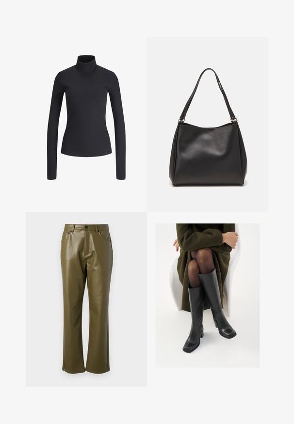 Schwarz geripptes Rollkragenoberteil mit langen Ärmeln. Slim Fit, weicher Stoff und hoher Kragen. Keine erkennbaren Muster oder Hardware. Einfaches Design.; Olivgrüne Kunstlederhose mit geradem Schnitt. Mit Fronttaschen und einem Reißverschluss mit Metallknopfverschluss. Glatte Textur.; Knöchelhöhe schwarze Lederstiefel mit quadrater Spitze und Blockabsatz, gezeigt mit einem Modell, das einen olivgrünen Mantel trägt. Glatte Textur, minimale Details.; Schwarze Handtasche aus synthetischem Leder mit weicher Textur, Hobo-Form und doppelten Schulterriemen; zeichnet sich durch ein glänzendes Finish und minimalistisches Design aus.