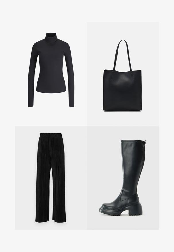 Top negru cu guler înalt, cu un model ribbat și mâneci lungi. Croială slim, textură moale și guler înalt. Fără modele sau accesorii vizibile. Design simplu.; Pantaloni negri plisati cu talie elastică. Prezintă picioare largi și un material neted, texturat, cu dungi verticale.; Cizme lungi din piele neagră cu talpă platformă masivă și tocul pătrat, având un tab de tragere și un model texturat pe talpa exterioară.; Geantă tote neagră din piele, cu textură netedă, formă rectangulară și două mânere lungi. Fără hardware vizibil sau ornamente.
