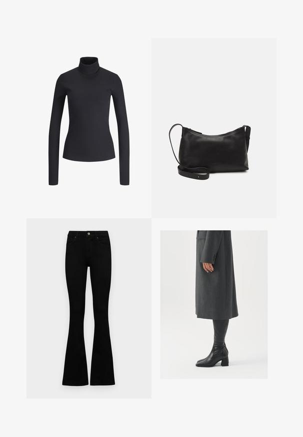 Black ribbed turtleneck top with long sleeves. Slim fit, soft texture, and high neck. No patterns or hardware visible. Simple design.; Black high-waist jeans with a button and zip closure, front pockets, and flared legs laid flat on a white background.; Gray, tailored overcoat with a straight cut; paired with knee-high black leather boots featuring a square toe and chunky heel.; Black leather shoulder bag with a smooth texture, curved shape, adjustable strap, and a zip closure. Minimalist design without embellishments.