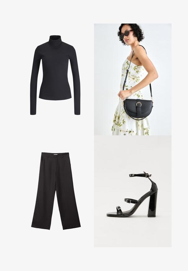 Schwarz geripptes Rollkragenoberteil mit langen Ärmeln. Slim Fit, weicher Stoff und hoher Kragen. Keine erkennbaren Muster oder Hardware. Einfaches Design.; Schwarze weite Hosen aus glattem Stoff, mit einem Reißverschluss vorne und zwei seitlichen Taschen, maßgeschneiderter Passform und minimalistischem Design.; Schwarze patentierte Sandalen mit Absatz, quadratischer Spitze, Knöchelriemen und silbernen Schnallen. Mit einem stabilen Blockabsatz für mehr Stabilität.; Schwarze Lederhandtasche mit geschwungener Form, abnehmbarem Tragegurt und goldenen Beschlägen. Die Tasche verfügt über einen Deckel mit einer Schnallen-Details.