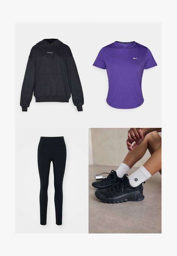 Svart hoodie i ett mjukt material, med huva och dragsnoddar, en framficka samt ribbade ärmslut och nederkant. Minimalistisk logotypdetalj.; Lila atletisk t-shirt tillverkad av fukttransporterande tyg, med korta ärmar och rundad halsringning. Litet vitt logotyp på bröstet.; Svarta leggings i elastiskt material med hög midja. Slät textur, figurnära design och inga synliga dekorationer eller mönster.; Svarta sportskor med texturerat tyg, snörning och en framträdande sula, tillsammans med vita ribbade strumpor med en liten logotyp.
