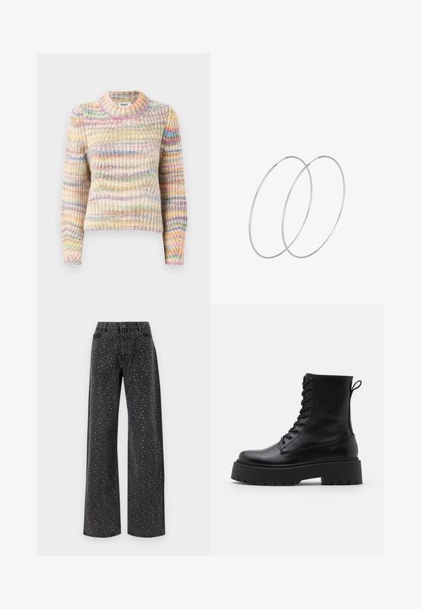 Pull en tricot multicolore avec une texture côtelée, présentant un col montant, des manches longues et des rayures alternées dans des teintes pastel.; Noisy May NMJANNEL LOOSE - Jean boyfriend - black denim; Bottines en cuir noir avec un bout rond, un laçage à l'avant et une épaisse semelle en caoutchouc dotée d'un motif texturé. Tirer au dos.; Boucles d'oreilles en argent au design minimaliste. Forme circulaire, texture lisse et profil fin. Légères avec une finition polie.