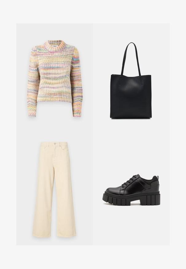 Maglione multicolore lavorato a maglia con una texture a coste, caratterizzato da un collo alto, maniche lunghe e strisce alternate in tonalità pastello.; Jeans beige a gamba larga in cotone. Caratterizzati da chiusura con bottone, passanti per cintura e tasche anteriori con una consistenza liscia e morbida.; Scarpe platform in pelle nera con tacco a blocco robusto, punta rotonda e design tradizionale con lacci. Presentano una superficie liscia e dettagli minimi.; Borsa tote in pelle nera con texture liscia, forma rettangolare e due manici lunghi. Nessun hardware o decorazione visibile.