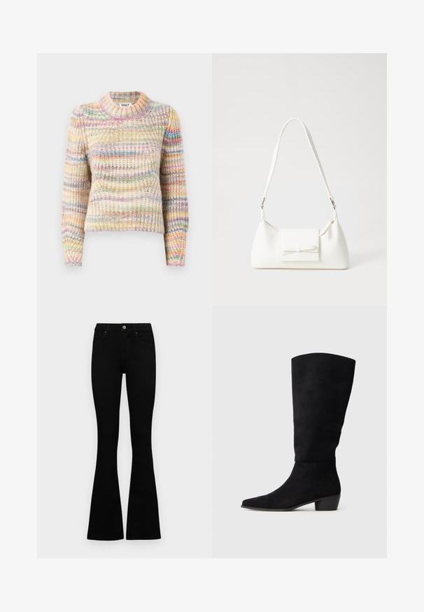 Multikrāsains adīts džemperis ar ribotu tekstūru, ar augstu kaklu, garām piedurknēm un pārmaiņus svītrām pasteļu toņos.; Melni augsta jostas šorti ar pogu un rāvējslēdzēju, priekšējām kabatām un izplestām kājām, nolikti uz balta fona.; Melnas zamšādas ceļgalu augstas zābaki ar zemu blokveida papēdi un smailu purngalu, attēloti sānu skatījumā uz vienkārša gaiši pelēka fona.; Balta sintētiska soma ar trīsstūrveida formu, plakanu priekšējo vāciņu un loku detaļu, regulējamu siksnu, gludu tekstūru un minimālistisku dizainu.