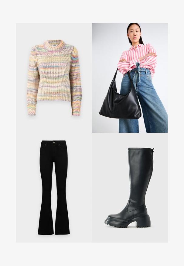 Sweater tricotado multicolorido com uma textura canelada, apresentando um colarinho alto, mangas longas e riscas alternadas em tons pastéis.; Jeans pretos de cintura alta com fecho de botão e zíper, bolsos frontais e pernas largas dispostos em cima de um fundo branco.; Bota preta de couro alta com sola de plataforma robusta e salto bloco, apresentando puxador e padrão texturizado na sola.; Bolsa de ombro em couro preto com uma forma descontraída e detalhes costurados. O modelo usa uma camisa listrada em rosa e branco com jeans de perna larga azul.