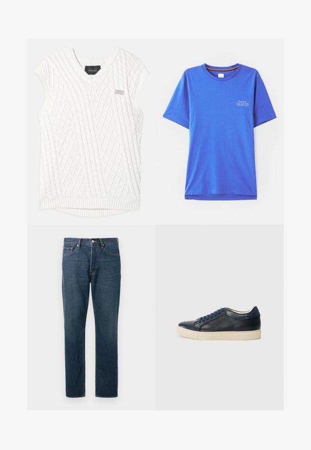 Balta be rankovių megzta liemenė su V formos iškirpte, puošta deimanto raštu ir raukinėta apatine krašta. Maža prekės ženklo etiketė kairiajame krūtinės kampe.; Mėlynos spalvos medvilninė marškinė su trumpomis rankovėmis, apvaliu kaklu, su baltais spaudiniais viršutiniame kairiajame kampe. Lygi tekstūra ir laisvas kirpimas.; Tamsiai mėlynos spalvos džinsai iš džinso audinio su tiesaus silueto kojų dalimi, penkios kišenės ir matomos siūlės. Savybė – metalinis mygtukas ir užtrauktuko užsegimas.; Tamsiai mėlynos odinės sportbačiai su kreminiu guminiu padu, turintys mėlynas raišteles ir lygų paviršių. Suapvalintas pirštas ir minimalistinis dizainas.