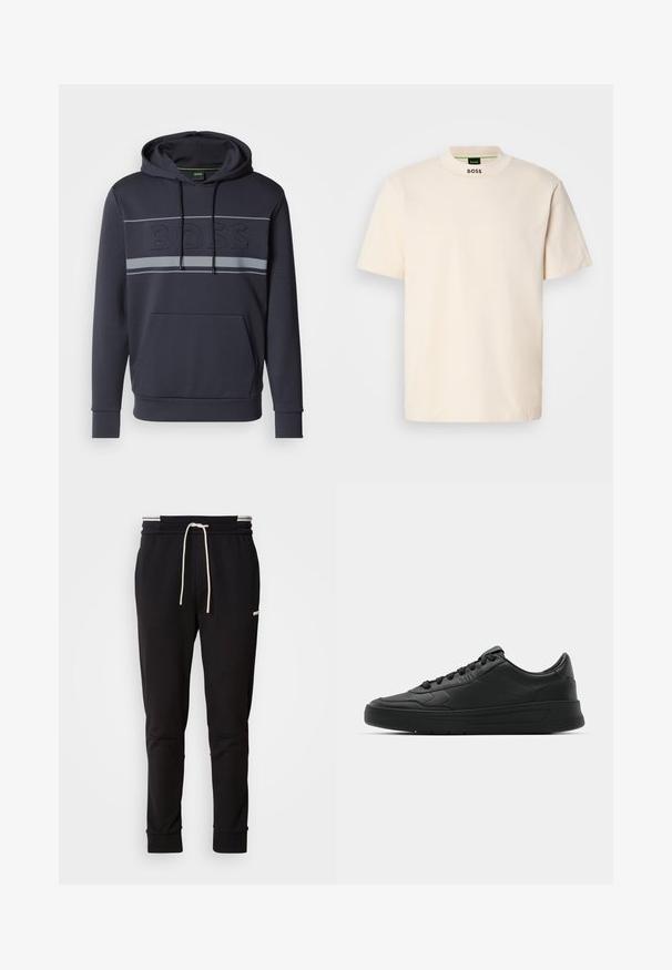 Sweatshirt azul-marinho com bolso frontal tipo canguru, capuz com cordão e logótipo "BOSS" em relevo. Apresenta riscas cinzas ao longo do peito e punhos canelados.; T-shirt de manga curta na cor creme com colarinho alto, apresentando "BOSS" impresso a negro na parte frontal do pescoço e na etiqueta interior.; Calças de jogging slim-fit pretas com cordão branco, punhos canelados e um logótipo subtil na parte superior da coxa, contra um fundo simples.; Sapatilha preta com parte superior em couro liso, bico arredondado, cadarços planos, colarinho almofadado e design minimalista. Sola de borracha com padrão de tração discreto.