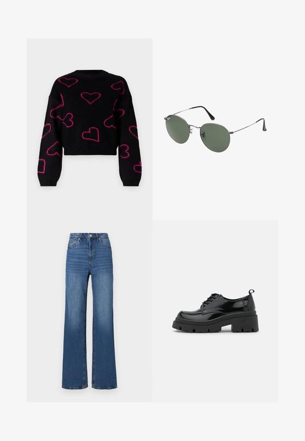 ONLY ONLHAPPIE czarny; Jeans w kolorze niebieskim z wysokim stanem i szerokimi nogawkami, uszyte z denimu, z klasycznym pięciopocketowym wzorem i subtelnym przecieraniem wzdłuż nóg.; Czarne lakierowane buty na platformie z grubą podeszwą i grubymi sznurówkami. Okrągły przód, minimalne zdobienia oraz mały uchwyt z tyłu.; Okulary przeciwsłoneczne z metalową ramą i owalnymi zielonymi soczewkami. Cienka srebrna metalowa rama i czarne końcówki zauszników. Minimalistyczny design, bez widocznych logo.