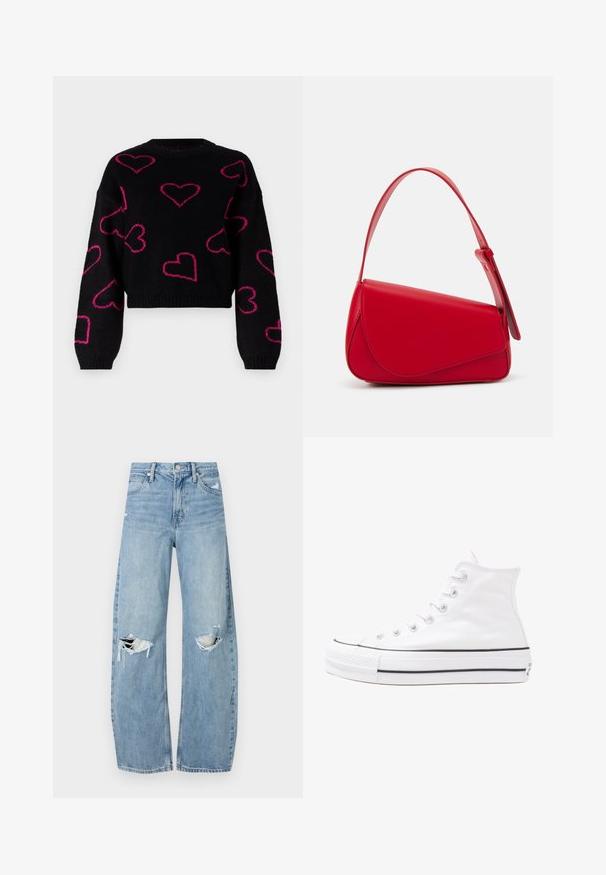 ONLY ONLHAPPIE HEART O NECK - Džemper - black; Heledad hallideega sinised teksad, millel on kõrge talje. Teksade jalgadel on lai alus, kaks rebitud kohta põlvede ümber ning klassikaline viie tasku stiil.; Valge kõrgem kangast tenniseking, millel on must kummist tald, ees kummist varvasetugi ja kuus aukku paelte jaoks, pakkudes puhta ja minimalistliku disaini.; Punane nahast käekott, millel on nurkadega geomeetriline disain. Omab ühte reguleeritavat rihma ja klappidega sulgemist, millel on õmblustega kaunistused.