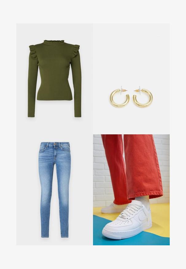 Olive green ribbed long-sleeve top featuring a ruffled mock neck and shoulder accents, made from a stretchy fabric for a fitted silhouette.; Slim-fit light blue denim jeans with mid-rise waist, front button, and five-pocket design.; White leather sneaker with perforated toe box, textured sole, and white laces, paired with wide red pants and a blue and yellow background.; Gold hoop earrings with a smooth, shiny finish. Circular design featuring a small post and clear backing for secure wear.