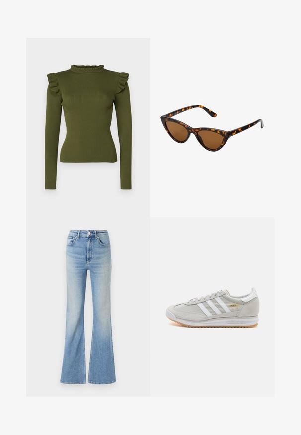 Oliivroheline soonikkoes pikkade varrukatega topp, millel on kortsus mitte väga sügava kaelaosa ja õlapehmendused, valmistatud elastse kanga kasutamisest, et saavutada sobiv siluett.; Heledad sinine flared teksapüksid, millel on kõrge vöökoht, viie tasku disain ja peen gradiseeruv hägusus alates hemist.; Heled hallid tossud, mis on valmistatud nubukist ja võrgust, millel on kolm valget triipu, ümmargune varvas ja kummist tald. Kuldne logoelement paelte lähedal.; Kassi vormiga prillid musta ja oranži kilpkonnakujulise raami, pruunide läätsede ja elegantsete teravate otstega. Templi juures on minimaalne logo.