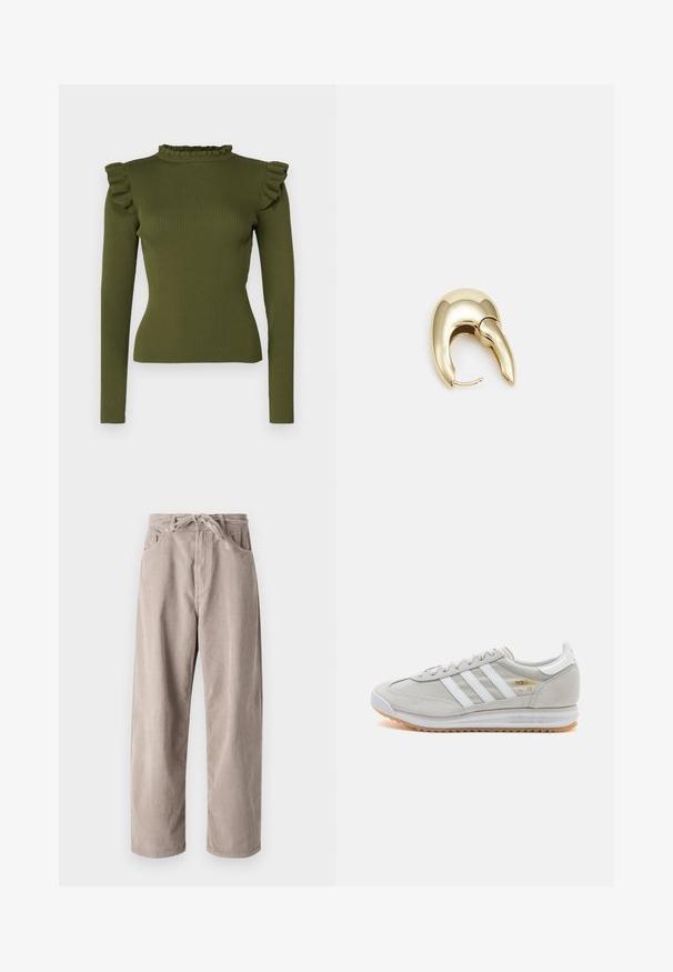 Olive green ribbed long-sleeve top featuring a ruffled mock neck and shoulder accents, made from a stretchy fabric for a fitted silhouette.; Beige corduroy trousers with a loose fit, featuring a drawstring waist, two front pockets, and vertical ribbed texture.; Light grey sneaker made of suede and mesh, featuring three white stripes, round toe, and a gum rubber sole. Gold logo accent near laces.; Gold-tone metal earring with a sleek, curved design. Features a distinctive pointed shape, polished surface, and hinge closure.