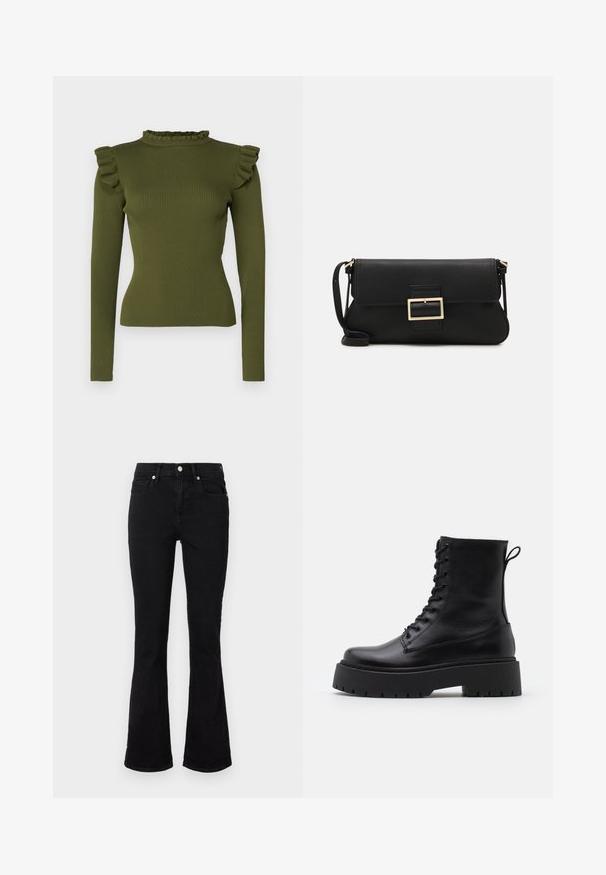 Top a maniche lunghe verde oliva a coste con colletto arricciato e dettagli sulle spalle, realizzato in un tessuto elasticizzato per una silhouette aderente.; Jeans neri a gamba svasata in denim, con vita media, tasche frontali e chiusura a bottone. Texture liscia con dettagli di cucitura minimi.; Stivaletti in pelle nera alla caviglia con punta rotonda, lace-up frontale e suola in gomma spessa con battistrada textured. Tassello sul retro.; Borsa a mano in pelle nera con patta e dettaglio in metallo dorato. Include una tracolla nera e un design elegante e minimalista.; Orecchini a cerchio color oro, sottili e rotondi, con una finitura metallica liscia e senza decorazioni o motivi.