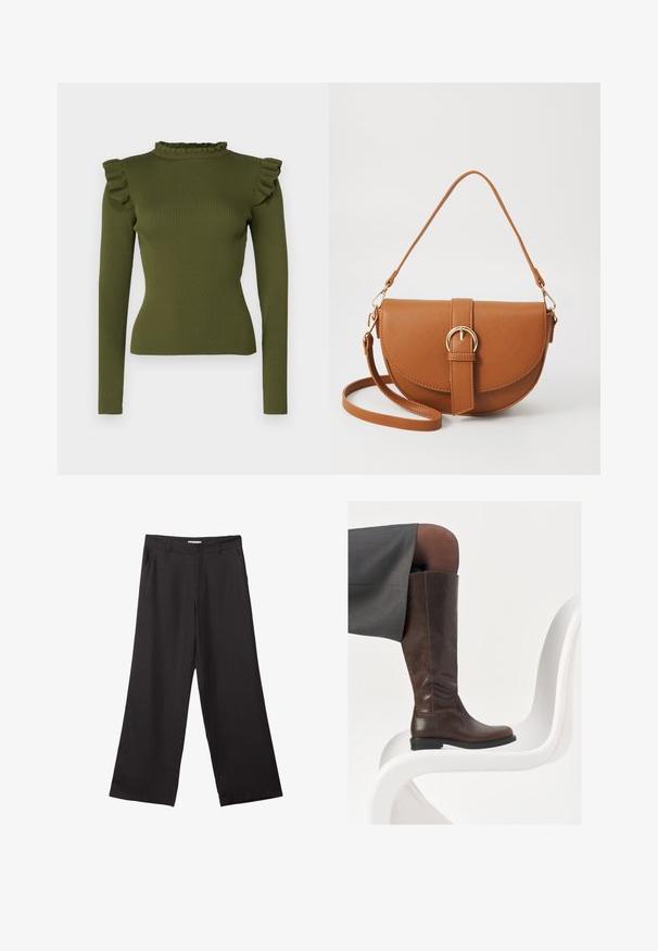 Olijfgroene geribbelde longsleeve top met een ruches mock neck en schouderaccenten, gemaakt van rekbare stof voor een aangesloten silhouet.; Zwarte wijde broek van gladde stof, met een ritssluiting aan de voorkant en twee zijzakken, een getailleerde pasvorm en een minimalistisch ontwerp.; Bruine leren knie-hoge laars met een ronde neus, een soepele textuur en minimale stikseldetails, tegen een lichte achtergrond op een witte stoel.; Bruine leren schoudertas met een gebogen vorm, gouden hardware en een gespaccent. Bevat een afneembare schouderriem.
