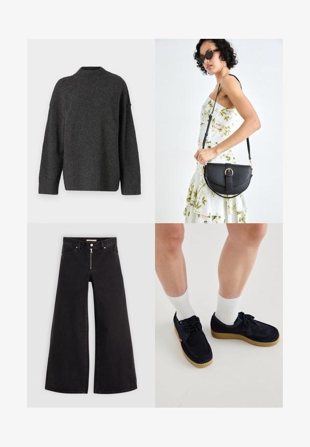 Mörkgrå stickad tröja med hög krage, sänka axlar och ribbade ärmslut och nederkant. Mjuk textur med en avslappnad passform.; Breda jeans i svart denim med dragkedja fram, femfickorsdesign och subtila sömdetaljer. Slät textur och avslappnad stil.; Mörkblå mockaskor med rund tå, snörningsdesign och krämfärgad gummisula. Matchade med vita ribbade strumpor.; Svart läderhandväska med en böjd form, avtagbar rem och guldiga detaljer. Väskan har ett lock med en spänndetalj.