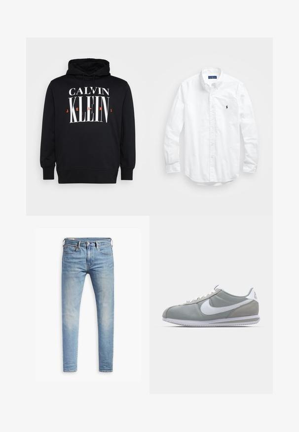 Sweatshirt preto com capuz e grande logotipo em branco e laranja "CALVIN KLEIN JEANS". Apresenta cordões e punhos e hem punhados. Tecido de textura suave.; Camisa de botões de manga longa branca em algodão. Apresenta um colarinho clássico, punhos com botão e um pequeno logótipo bordado em azul-marinho no peito.; Jeans slim fit em azul claro com leve desbotamento nas coxas, fecho frontal por botão, passantes para cinto e estilo de cinco bolsos sobre um fundo branco.; Sapatilha atlética cinza com um cabedal em camurça e têxtil, símbolo Nike branco e atacadores brancos. Apresenta uma sola de borracha texturizada e colarinho acolchoado.