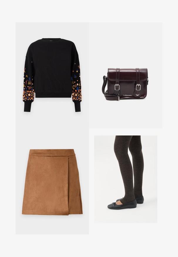 Sweatshirt preto com bordados florais em cores vibrantes nas mangas, apresentando um decote redondo e punhos canelados.; Mini saia de camurça castanha com um design envelopado, apresentando uma textura suave e um acabamento limpo na barra. Sem hardware ou detalhes visíveis.; Sapatos planos pretos com um pequeno laço na ponta, emparelhados com meias-calças caneladas castanhas escuras. Os sapatos têm uma textura suave e um design discretamente baixo.; Bolsa transversal em couro verniz bordô com formato retangular, duas alças, ferragens prateadas e fecho de aba.
