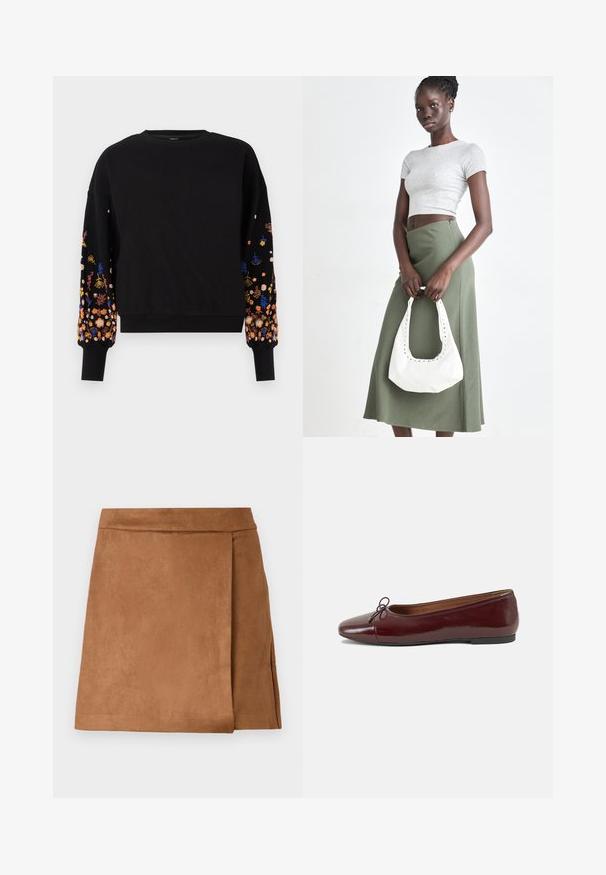 Fekete pulóver virágos hímzéssel élénk színekben az ujjakon, kerek nyakkivágással és bordás mandzsettával.; Barna nubuk mini szoknya átlapolt kialakítással, sima textúrával és tiszta véggel. Nincsenek látható hardverek vagy díszítések.; Burgundi lakkbőr balettcipő kerek orral, elöl kis masni díszítéssel és alacsony, fekete gumi talppal. Simára csiszolt felület.; Szürke bordázott cropped top és olajzöld, magas derékú szoknya. A modellen egy fehér válltáska van, amely kivágott részletekkel rendelkezik. Egyszerű dizájn, testhezálló sziluett.