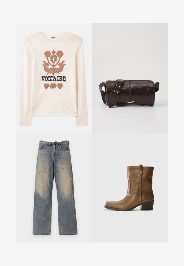 Kreem värvi pika varrukaga sviiter, mis on valmistatud pehmest materjalist ja millel on pruun lilleline muster ning sõna "VOLTAIRE" mustas kirjas. Hästi diskreetne tekstuur ja neutraalne värv.; Heledad sinine teksapüksid, millel on lõdva ja sirge jala disain. Omab venitamist, pleekimist ja kulunud detaile põlvede lähedal. Klassikaline viie tasku stiil.; Pruun nahkne ankle boot ruudukujulise varbaga, tekstuuriga viimistluse ja madala virnastatud kontsaga. Sisaldab taga tõmbeaasat ja peeneid õmbluse detaile.; Pruunist krokodillimustrist nahast kott, millel on silindri kuju, kuldse tooni metalldetailid ja eemaldatav rihm, kus on nupud.