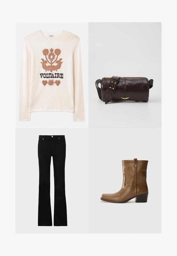 Krämfärgad långärmad tröja i mjukt material med ett brunt blommönster och ordet "VOLTAIRE" i svart. Subtil textur och neutral färg.; Svarta utsvängda jeans i denim, med två framfickor, knäppning och en slät textur. Signaturstickning synlig vid sömmarna.; Brun läderankelsk boot med fyrkantig tå, texturerad yta och låg staplad klack. Har en bakre dragflik och subtila sömnadsdetaljer.; Brun kroko präglat läderväska med cylindrisk form, guldfärgad hårdvara och ett avtagbart band med nitar.