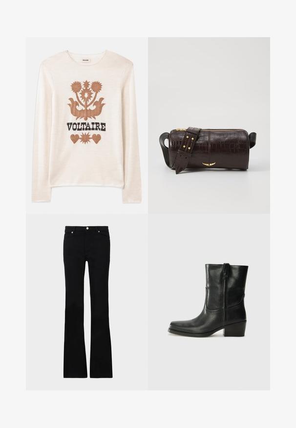 Crème kleurige trui met lange mouwen, gemaakt van zacht materiaal, met een bruin bloemenpatroon en het woord "VOLTAIRE" in het zwart. Subtiele textuur en neutrale kleur.; Zwarte flared jeans van denim, met twee voorzakken, een knoopsluiting en een gladde textuur. Kenmerkende stiksels zichtbaar bij de naden.; Zwarte leren enkellaars met een ronde neus, blokhak, zijrits en stikselaccenten op de wreef. Gladde textuur, klassiek ontwerp.; Bruine krokodil-embosserende leren tas met een cilindervorm, gouden hardware en een afneembare schouderband met studs.