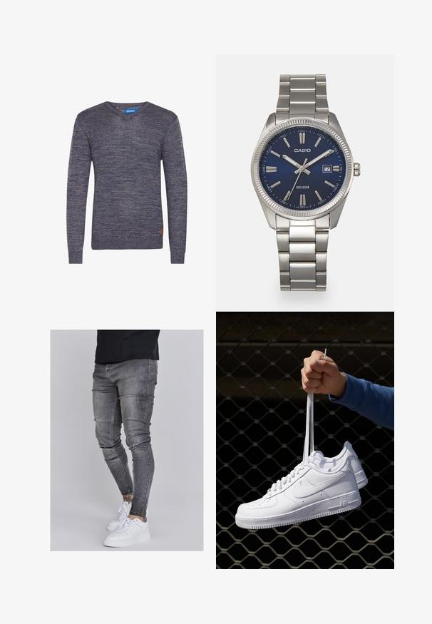 Donkerblauwe gebreide trui met lange mouwen en een V-hals. Heeft ribgebreide manchetten en zoom, met een klein bruin leren logo-label aan de onderkant.; Skinny jeans in vervaagd grijs denim, met versleten details op de knieën, gecombineerd met witte sneakers. Gladde textuur, slank model.; Witte leren sneakers met perforaties, ronde neus, vlakke zool en dikke veters, met een zichtbare swoosh-logo en "AIR" op de hiel.; Zilveren roestvrijstalen horloge met een marineblauwe wijzerplaat, metalen uurmarkeringen en een datumnis op 3 uur. Waterbestendig tot 50 meter.