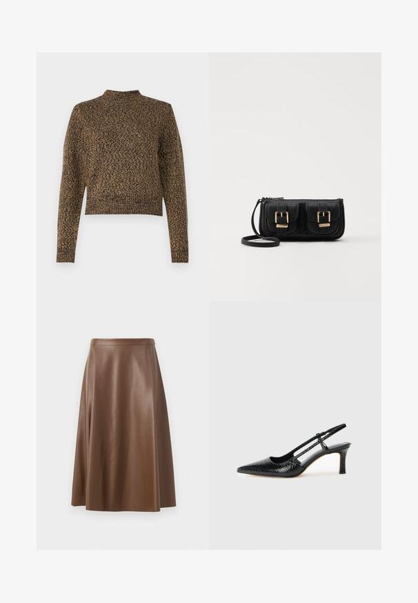 Barna kötött pulóver magas nyakkal, hosszú ujjakkal és rövidített fazonnal. Az anyagon végigfutó textúrázott minta mélységet ad a ruhának.; Barna bőrből készült A-vonalú szoknya sima textúrával és közepes hosszúságú szegéllyel. Fitted derékrésszel rendelkezik és enyhén bővül a csípőnél.; Fekete lakk slingback sarok, hegyes orral, texturált kígyómintával, állítható pánttal és rövid, texturált tömbsarkal.; Fekete bőr keresztbody táska két elülső zsebbel, arany csattokkal, cipzáras záródással és vékony pánttal. Textúrált felület és kompakt téglalap alak.