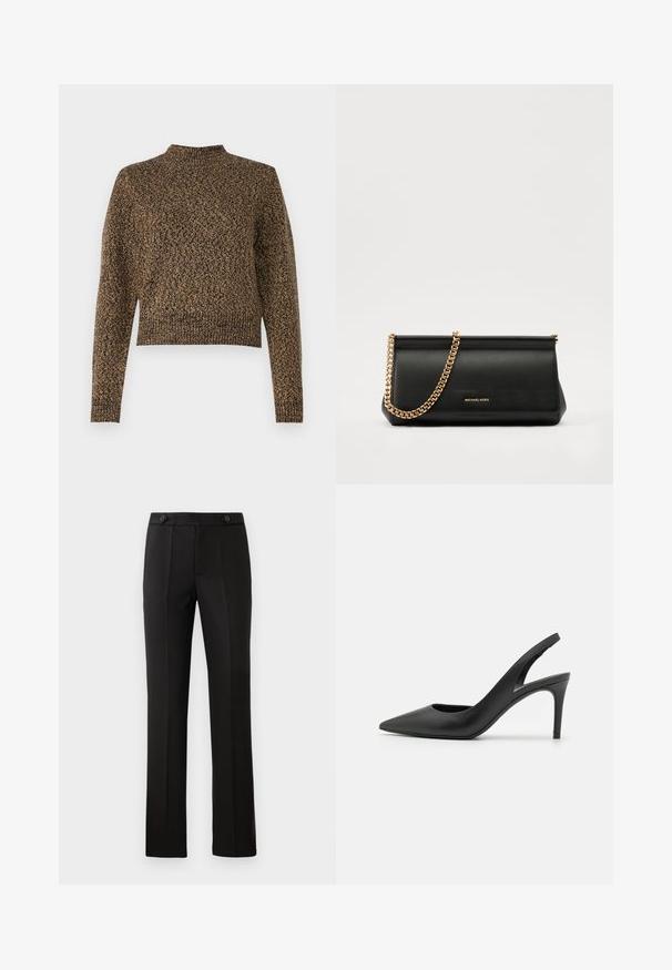 Bruine gebreide trui met hoge nek, lange mouwen en een cropped ontwerp. Bevat een gestructureerd patroon dat diepte aan de stof toevoegt.; Zwarte op maat gemaakte broek met een rechte pijp, twee voorzakken, een knoopsluiting en plooien aan de voorkant. Glad textuur van de stof.; Zwarte leren slingback hoge hakken met een puntige neus, met een uitsparing aan de voorkant en een dunne stilettohak.; Zwarte leren clutch tas met een gouden kettinghengsel, voorzien van een gladde textuur, rechthoekige vorm en reliëfmerk op de voorkant.