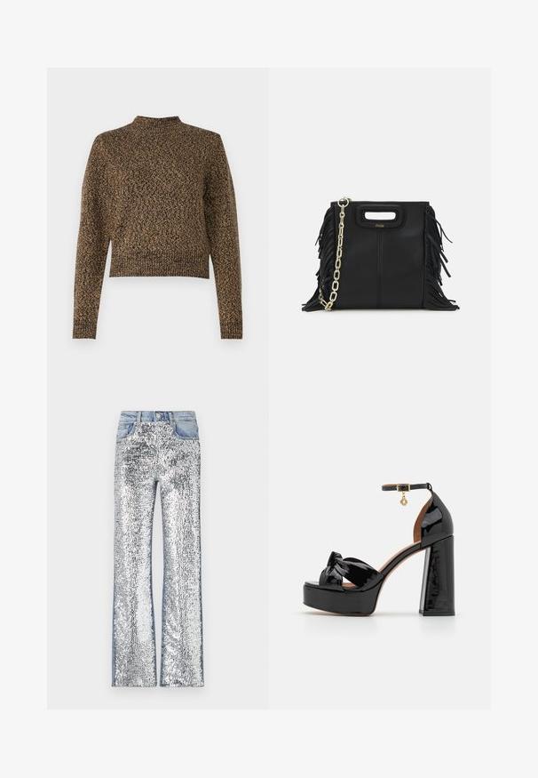 Hnědý pletený svetr s vysokým límcem, dlouhými rukávy a zkráceným designem. Obsahuje texturovaný vzor po celém povrchu, který přidává látce hloubku.; Stříbrné džínové kalhoty se třpytkami, s rozšířeným střihem, denimovým pasem a boky, vytvářejícími texturovaný, odrazivý povrch.; Maje Sandály na vysokém podpatku - noir; Černá kožená kabelka s třásněmi, zlatým řetízkovým ramenním popruhem a rukojetí s výřezem. Na přední straně se nachází logo.