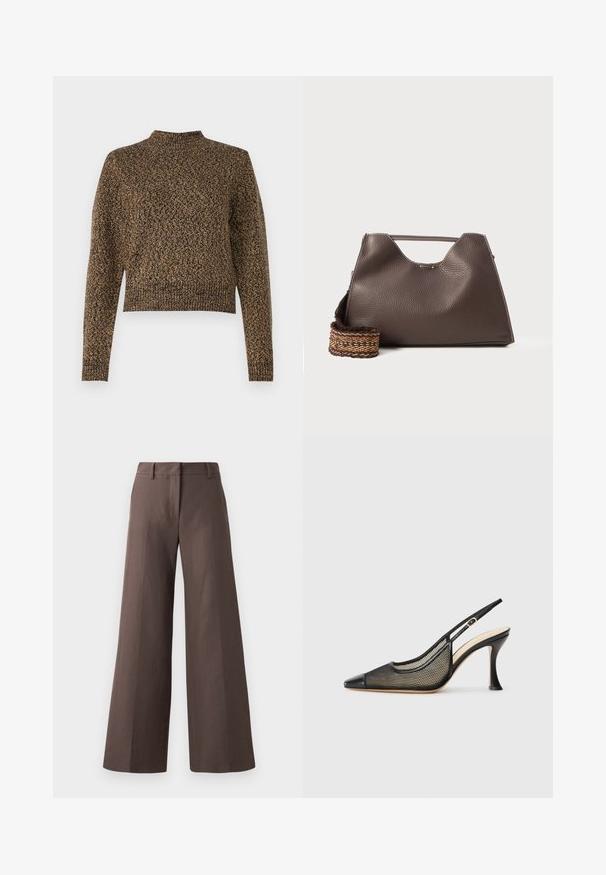 Rjava pletena jopica z visokim ovratnikom, dolgimi rokavi in skrajšano zasnovo. Ima teksturiran vzorec po celotni površini, kar dodaja globino tkanini.; Rjave široke hlače narejene iz gladkega blaga; vsebujejo ravno sprednjo stran, zanke za pas in vertikalne šive po nogah.; Črne slingback visoke petke z ostrim nosom, mrežastim detajlom in gladkim usnjenim pokrovom. Barve vključujejo črne in bež poudarke.; Rjava usnjena torba z teksturirano površino, angularno obliko in značilno zgornjo ročico. Vsebuje detajl z vzorčnim tkanim trakom.