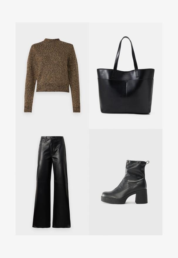 Brūns adīts džemperis ar augstu kaklu, garām piedurknēm un saīsinātu dizainu. Tam ir teksturēts raksts visā virsmā, kas piešķir audumam dziļumu.; Melnas augstās jostas platajās kājās sintētiskās ādas bikses ar priekšējo pogu, rāvējslēdzēju, jostas cilpām un sānu kabatām uz baltā fona.; Melni potītes zābaki, kas izgatavoti no gludas ādas, ar sānu rāvējslēdzēju, masīvu strukturētu papēdi un noapaļotu purngalu.; Melnas ādas iepirkumu soma ar divām garām rokturām, gludu tekstūru un strukturētu formu. Iekļauj priekšējo kabatu papildu uzglabāšanai.