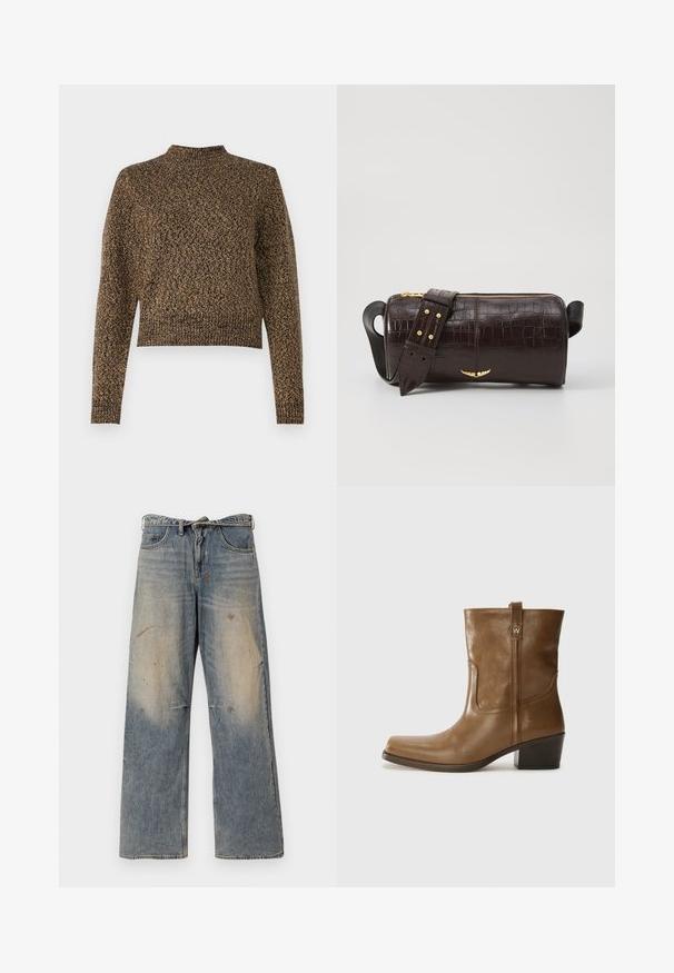 Pulover tricotat maro cu gât înalt, mâneci lungi și un design scurt. Prezintă un model texturat pe toată suprafața, adăugând profunzime țesăturii.; Jeans din denim albastru deschis cu un design lejer și drept pe picioare. Prezintă efecte de uzură, decolorare și detalii uzate în jurul genunchilor. Stil clasic cu cinci buzunare.; Botine din piele maro, cu vârf pătrat, finisaj texturat și toc mic, îngrămădit. Prezentă un tab de tragere la spate și detalii subtile de coasere.; Geantă din piele căptușită cu un model de crocodil de culoare maro, cu o formă cilindrică, accesorii de culoare aurie și un curea detasabilă cu tăieturi.