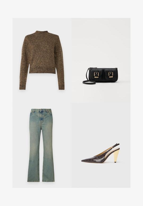 Brauner Strickpullover mit hohem Kragen, langen Ärmeln und einem cropped Design. Verfügt über ein strukturiertes Muster, das dem Stoff Tiefe verleiht.; Hellblaue Denim-Flared-Jeans mit hoher Taille, fünf Taschen und Reißverschluss. Sauberer, ausgewaschener Look mit dezenten Nähten.; Spitz zulaufender Slingback-Absatzschuh aus glänzendem, dunkelbraunem Kunstcrocodilleder. Verfügt über einen goldfarbenen geometrischen Absatz und einen verstellbaren Knöchelriemen.; Schwarze Leder-Umhängetasche mit zwei vorderen Taschen, goldenen Schnallen, Reißverschluss und einem schmalen Tragegurt. Texturierte Oberfläche und kompakte rechteckige Form.