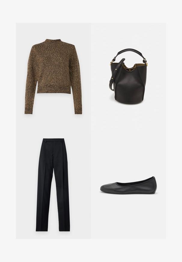 Brūns adīts džemperis ar augstu kaklu, garām piedurknēm un saīsinātu dizainu. Tam ir teksturēts raksts visā virsmā, kas piešķir audumam dziļumu.; Melnas bikses, izgatavotas no gludas auduma, ar augstu vidukli, platiem bikšu galdniekiem, priekšējiem krokām un klasiskām jostu cilpām. Sānu kabatas nav redzamas.; Melna ādas baleta kurpe ar noapaļotu purngalu, gludu tekstūru, minimālu šuvju detalizāciju un elastīgu zoles dizainu.; Melnas ādas spainīša somas ar teksturētu apdari, zelta metāla aksesuāriem un atvērtu augšu. Piedāvā īsu rokturi un regulējamu plecu siksnu.