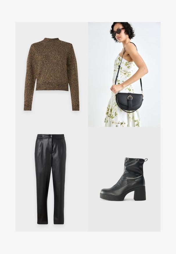 Brun strikkegenser med høy hals, lange ermer og en kort design. Har et teksturert mønster gjennom hele, som gir dybde til stoffet.; Sorte skinnbukser med en glatt tekstur, rett passform, elastisk liv, og frontknappelukking; plisserte detaljer og smale ben.; Svarte ankelstøvler laget av glatt lær, med glidelås på siden, chunky strukturert hæl, og rund tå-design.; Svart lærveske med en buet form, avtagbar stropp og gullbeslag. Vesken har et klaff med spenne-detall.
