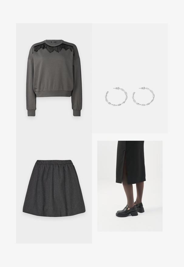 ONLY ONLSOFIE O-NECK - Felpa - magnet; Gonna nera a strisce con cintura elastica, presenta righe verticali bianche, design svasato e texture liscia. Adatta per un abbigliamento casual.; Scarpe in pelle nera con punta arrotondata, tacco spesso a blocco e accenti laterali in elastico, abbinate a collant scuri e una gonna nera con uno spacco.; Orecchini a cerchio in argento con un design torciglionato, caratterizzati da una finitura lucida e chiusura a perno. Misurano circa 3 cm di diametro.