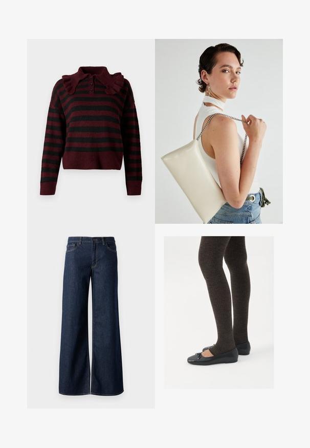 Suéter de malha listrado em bordô e preto com colarinho com folhos, botão de três peças e bainha curta. Textura suave com um ajuste descontraído.; Jeans de perna larga em denim azul escuro. Apresenta costura em contraste, cinco bolsos e um fecho de botão na cintura. Textura lisa.; Sapatos planos pretos com um pequeno laço na ponta, emparelhados com meias-calças caneladas castanhas escuras. Os sapatos têm uma textura suave e um design discretamente baixo.; Bolsa de mão retangular branca, feita de material brilhante, com uma alça em corrente prateada. Modelo posa, exibindo a bolsa contra um fundo simples.