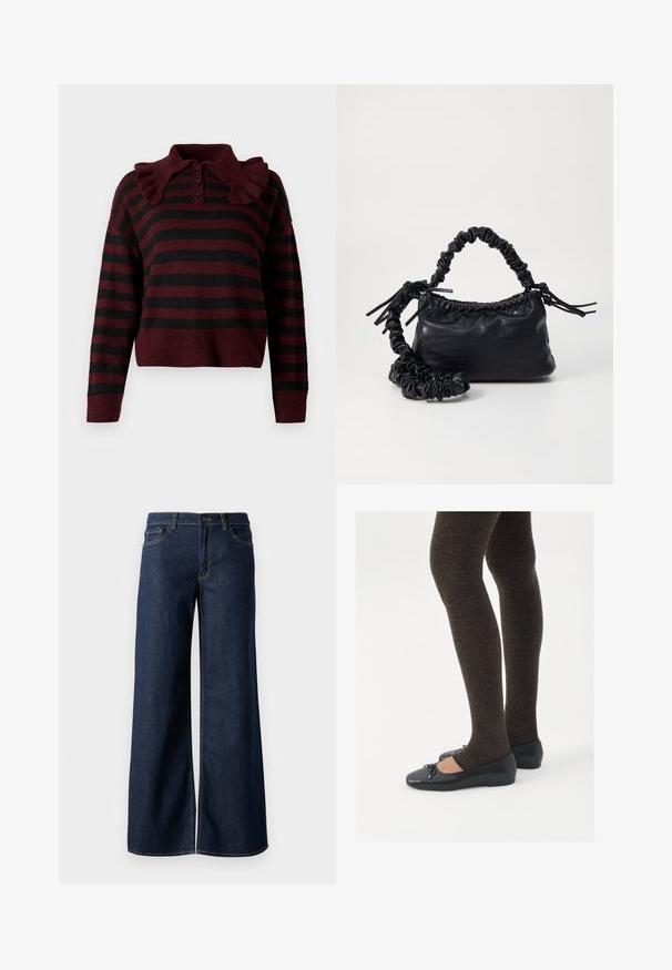 Burgunder- og sorte stribede striktrøje med flæsekrave, tre-knap lukning og cropped længde. Blød tekstur med afslappet pasform.; Vide benbukser i mørkeblå denim. Har kontrastsøm, fem lommer og en knaplukning i taljen. Glat tekstur.; Sorte flate sko med en liten sløyfedetalj på tåen, kombinert med mørkebrune ribbede strømpebukser. Skoene har en glatt overflate og lav profil.; Svart faux skinn-håndveske med krokodilletekstur, strammet topp og en rynket stropp. Ser myk og kompakt ut i designen.