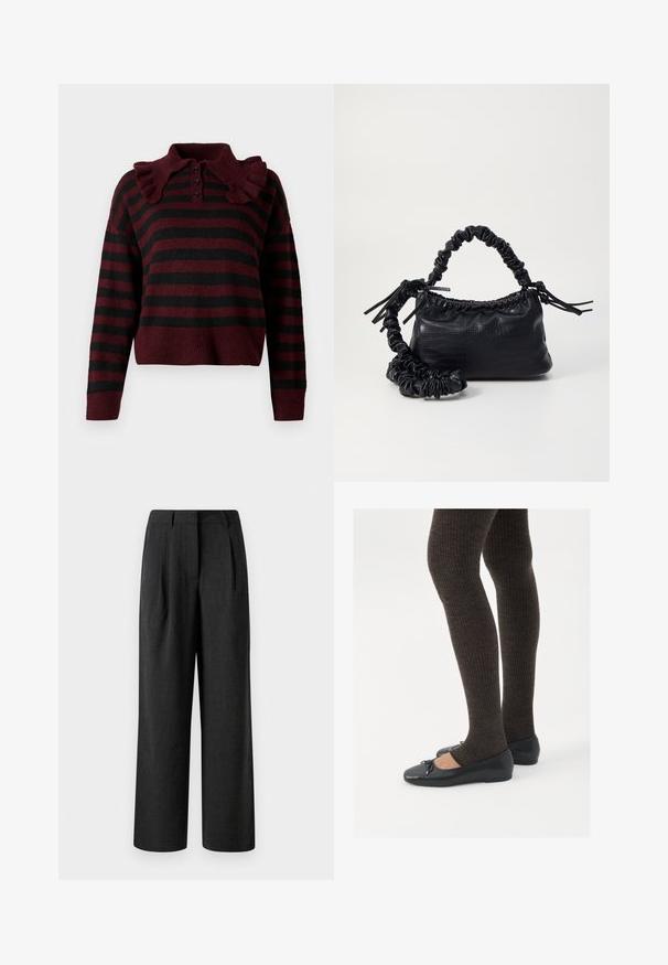 Suéter de malha listrado em bordô e preto com colarinho com folhos, botão de três peças e bainha curta. Textura suave com um ajuste descontraído.; Calças largas pretas feitas de tecido texturizado, com pregas frontais e cintura ajustada, projetadas para um ajuste solto.; Sapatos planos pretos com um pequeno laço na ponta, emparelhados com meias-calças caneladas castanhas escuras. Os sapatos têm uma textura suave e um design discretamente baixo.; Bolsa de mão em couro sintético preto com textura de crocodilo, topo franzido e alça enrugada. Apresenta um design suave e compacto.