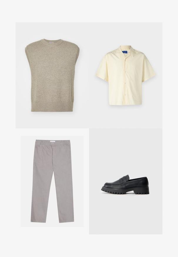 Ärmelloser Strickpullover in hellem Beige mit rundem Halsausschnitt, geripptem Saum und schlichtem Design mit glatter Textur.; Jack & Jones JORBOXY SHIRT - Hemd - antique white; Hellgraue Baumwollhose mit elastischem Bund, zwei seitlichen Taschen, geradem Beinschnitt und glatter Textur. Simple Nahtdetails.; Schwarze Leder-Loafer mit abgerundeter Schuhspitze, ausgestattet mit einem dekorativen Riemen und einer robusten Gummisohle mit tiefem Profil für besseren Halt.