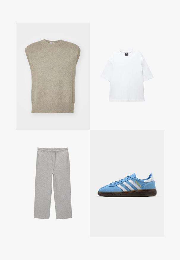 Pull sans manches en tricot de couleur beige clair, avec un col rond, un ourlet côtelé et un design simple avec une texture lisse.; T-shirt blanc à manches courtes en coton, avec un col rond et une coupe décontractée àOurlet droit. Sans motifs ni embellissements.; Pantalons de lounge en coton gris avec une taille élastique, un cordon de serrage et deux poches latérales ; design à jambe droite, texture douce, sans motifs.; Baskets en suède bleu clair avec des rayures en cuir blanc, une semelle texturée marron et un détail de logo doré. Design basse avec un bout rond.