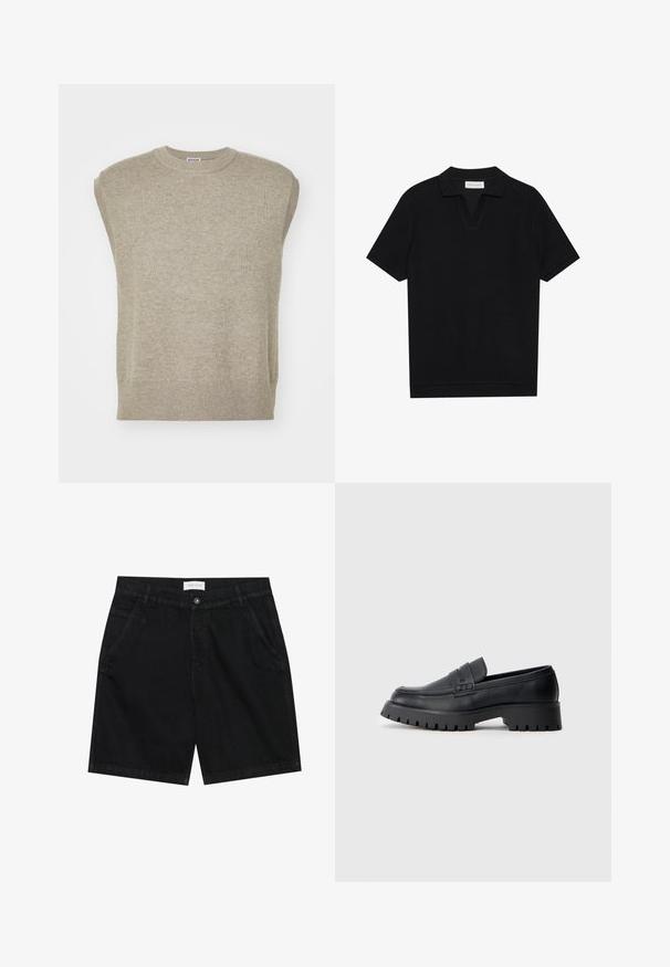 Pleteni bezrukavi pulover u svijetlo bež boji, s okruglim izrezom, rebrastim rubom i jednostavnim dizajnom s glatkom teksturom.; Crna polu-majica kratkih rukava s teksturiranim, rebrastim materijalom, s V-izrezom i ravnim rubom. Bez vidljivih logotipa ili uzoraka.; Crne traperice kratke hlače klasičnog kroja, s dva prednja džepa, zatvaranjem na gumb i oznakom na struku. Teksturirana tkanina.; Crne kožne mokasine s okruglim vrhom, s dekorativnom trakom i debelim gumeni potplat s dubokim utorima za prianjanje.