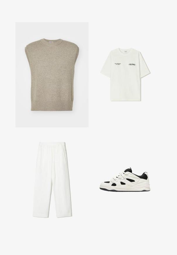 Kötött ujjatlan pulóver világos bézs színben, környakú kivágással, bordázott aljjal és egyszerű dizájnnal, sima textúrával.; Fehér pamut póló rövid ujjakkal. Az elején fekete szöveg található: "NEM HOLNAP NEM MA" és "A FÖLD BŰVÉSZETE" zöld írással.; Fehér, bő szárú nadrág texturált anyagból. Rugalmas derékkal és két oldalsó zsebből áll. Casual, laza fit stílus.; Fehér és fekete sportcipők, texturált talppal, oldalt kivágott mintákkal és fűzős megoldással, valamint párnázott hátsó résszel a támasz érdekében.